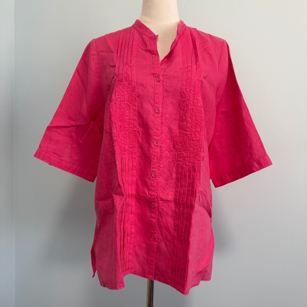 Tweeds Women’s Plus 100% Linen Short Sleeve Embroidered Hot Pink Blouse Size 1X